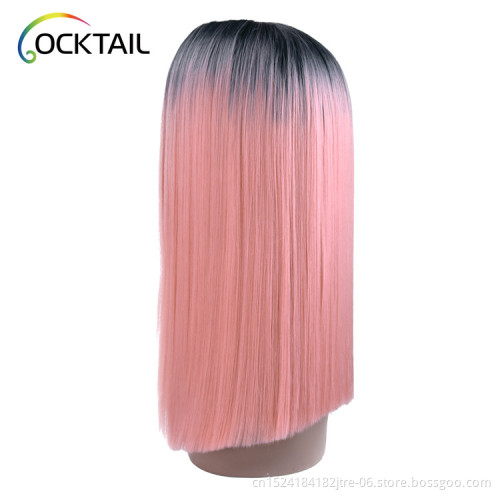 heat resistant lido pink ombre color silky straight wig colorful middle part synthetic hair bob lace front wig